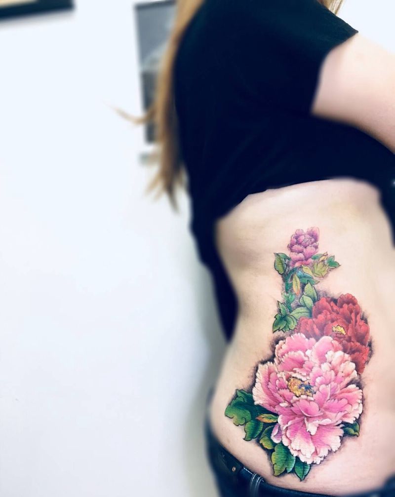 花开富贵纹身图片_成品腰部传统植物国画纹身图案