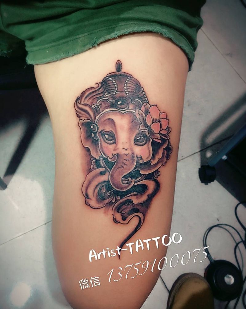 小象神纹身图片_成品腿部传统鬼神纹身图案