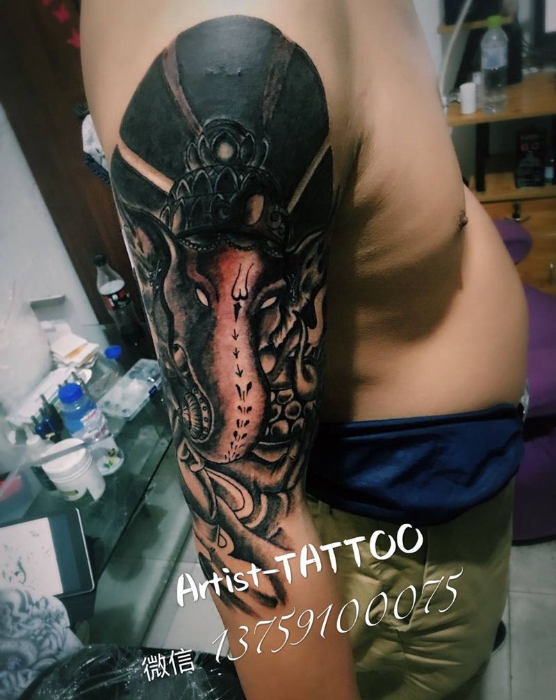 象神遮盖纹身图片_成品手臂传统鬼神宗教纹身图案