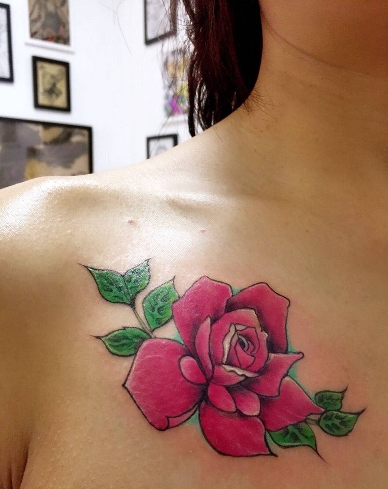 玫瑰花纹身图片_成品胸部纹身图案