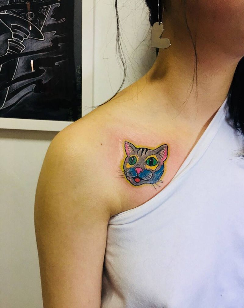 手绘猫纹身图片_成品肩部清新动物原创纹身图案