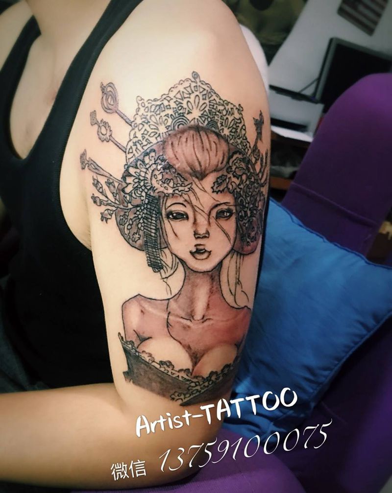 艺妓纹身图片_成品手臂传统人物纹身图案
