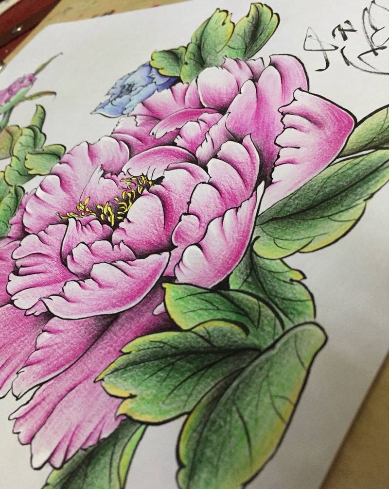 牡丹牡丹大牡丹纹身图片_手稿原创植物传统清新国画手臂手部纹身图案