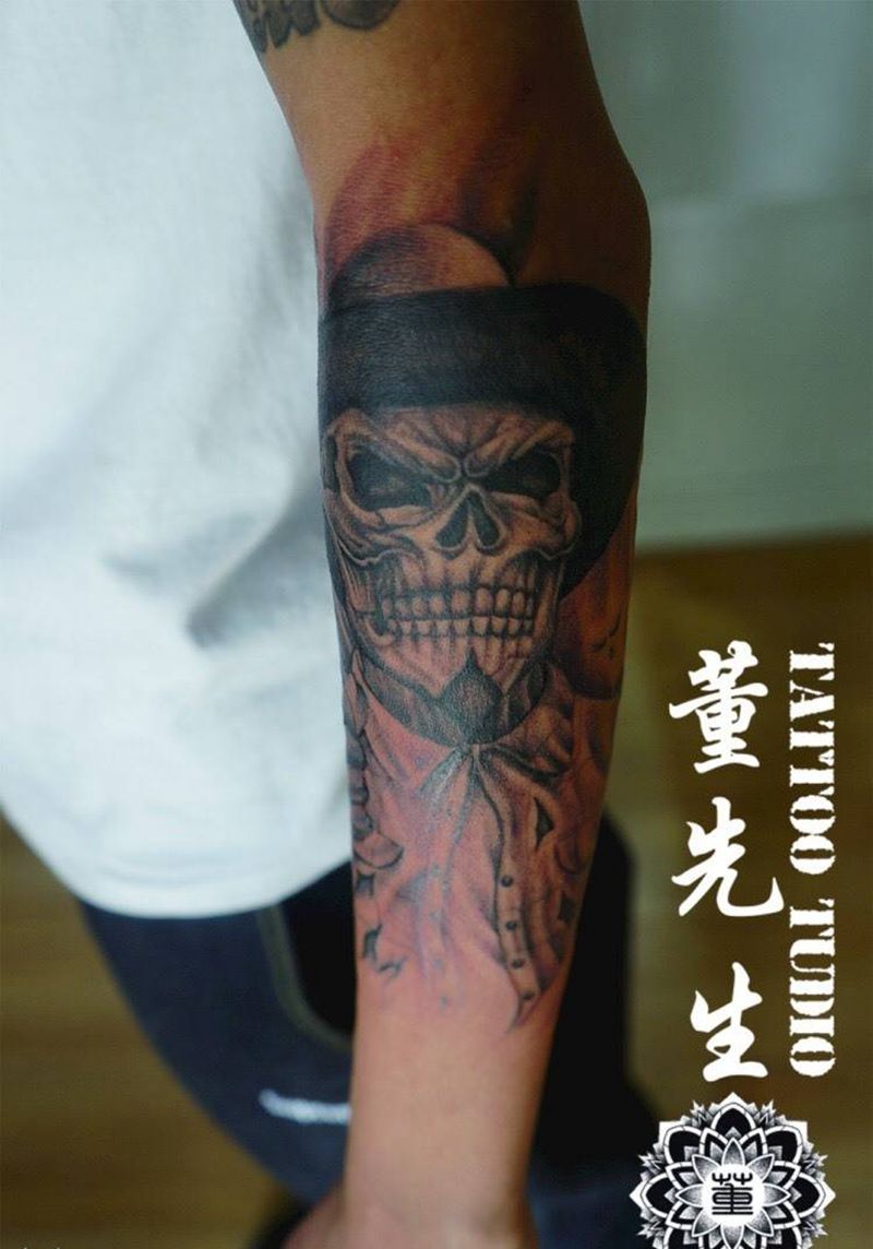 小臂骷髅头未完成纹身图片