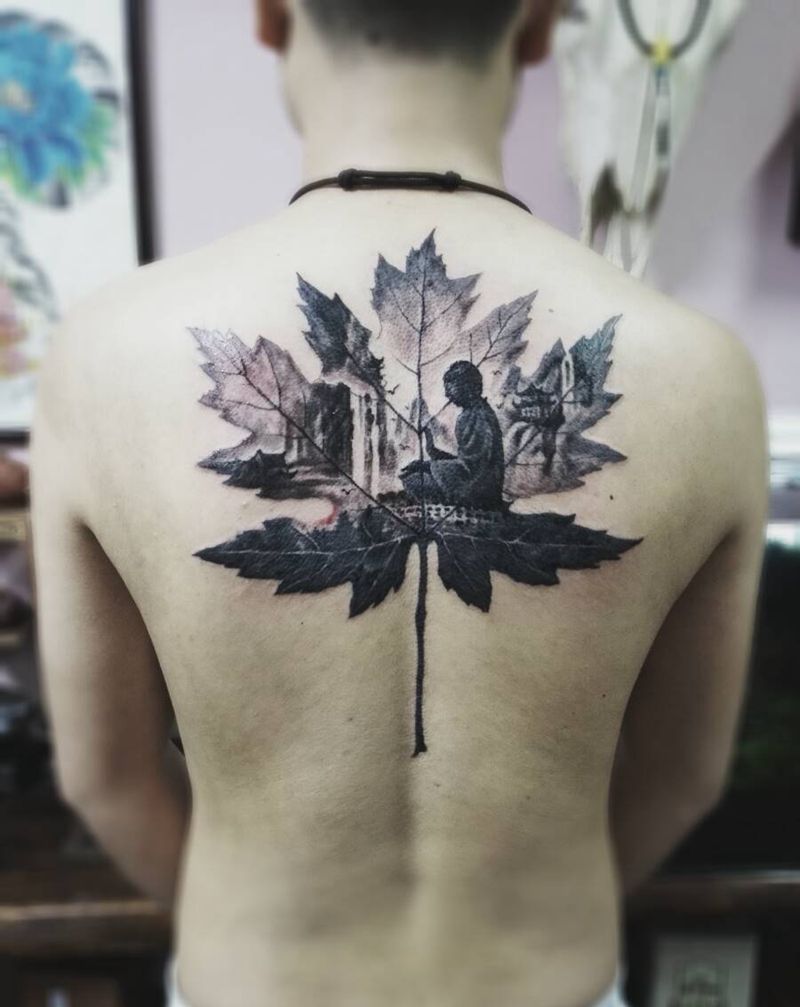 一叶一菩提纹身图片_背部传统宗教成品纹身图案
