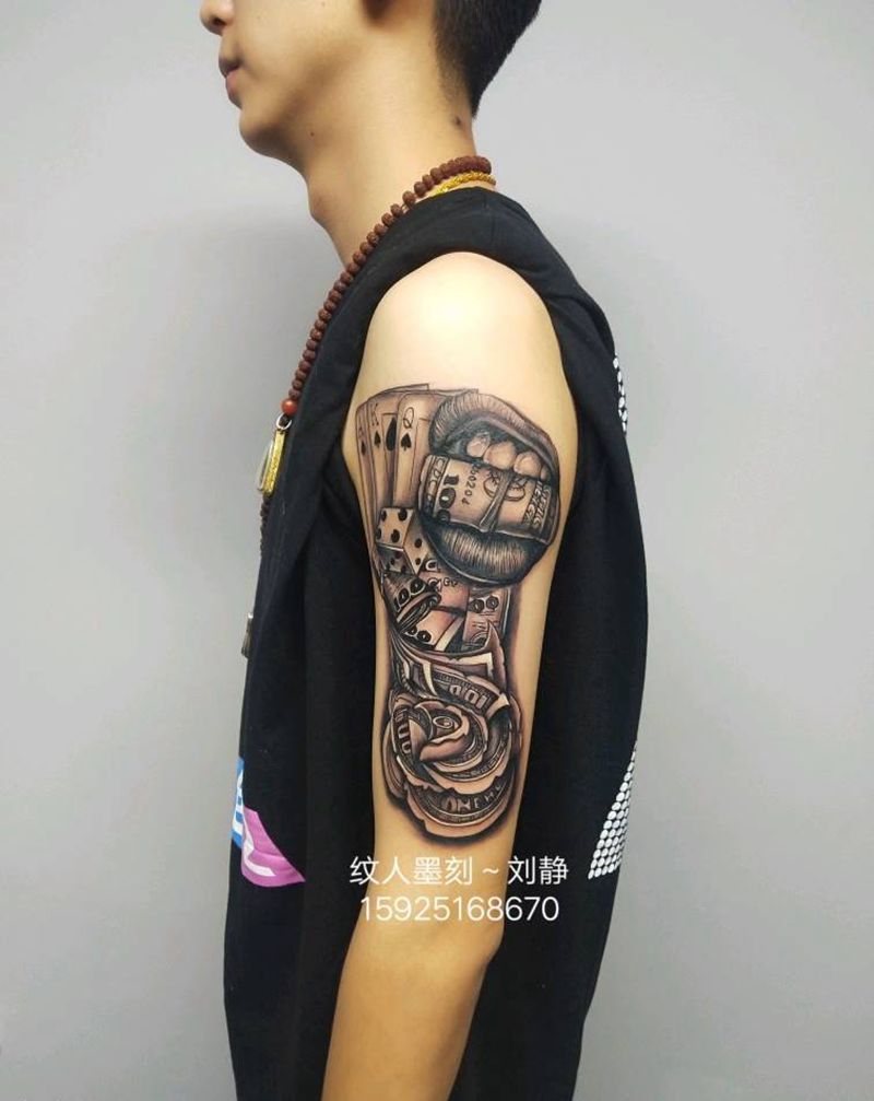 $，骰子，扑克纹身图片_手臂欧美写实纹身图案