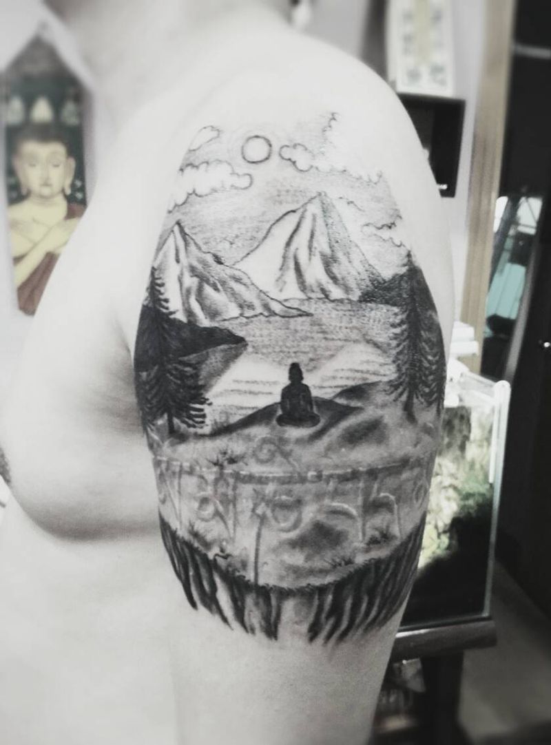 禅定纹身图片_肩部清新宗教原创成品纹身图案