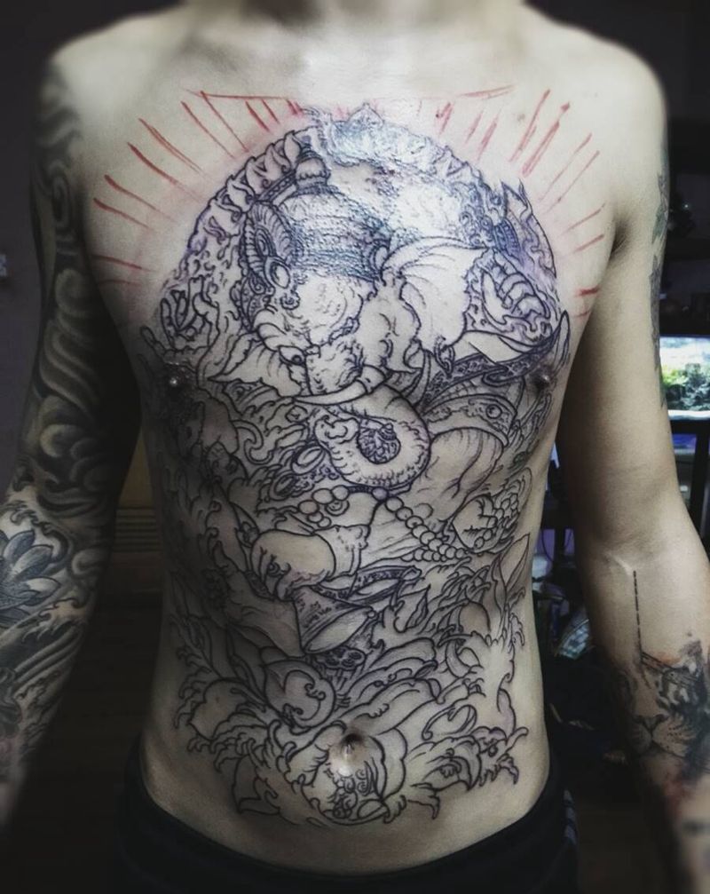 格涅莎纹身图片_胸部腹部传统鬼神成品纹身图案