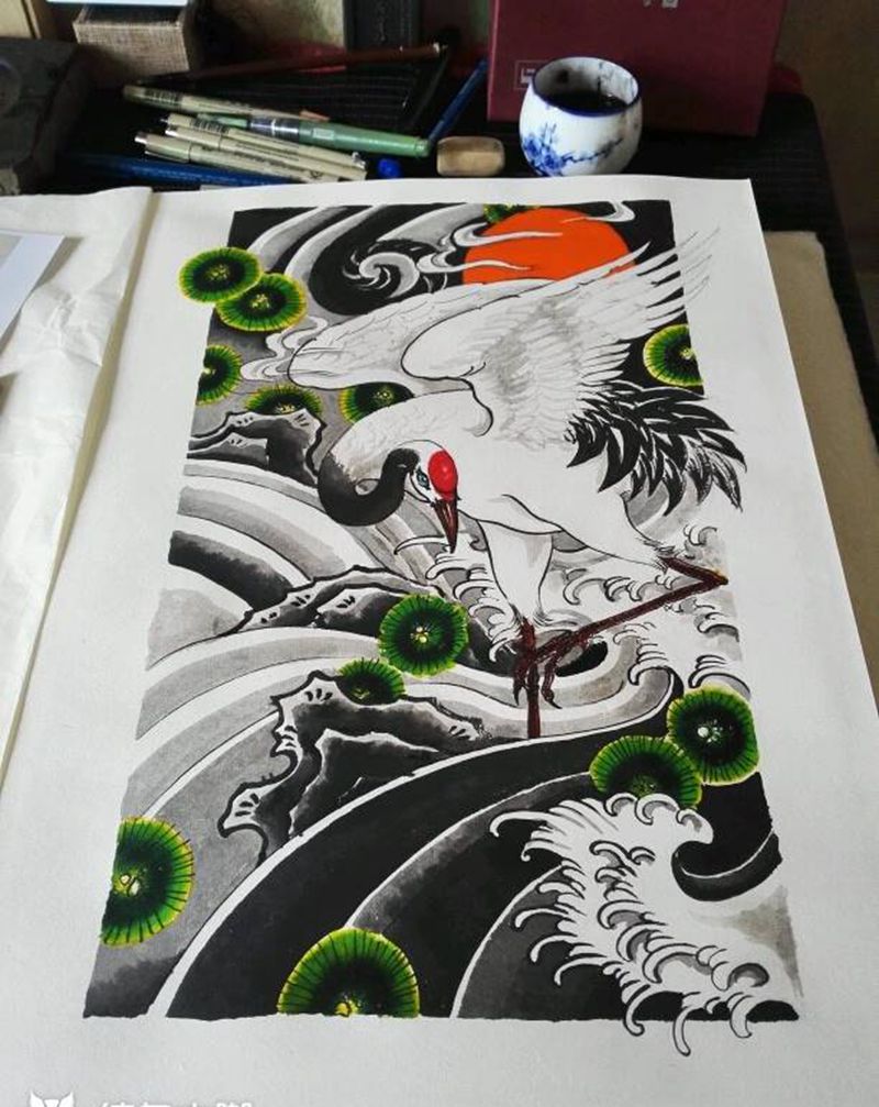 松鹤图纹身图片_国画手稿纹身图案