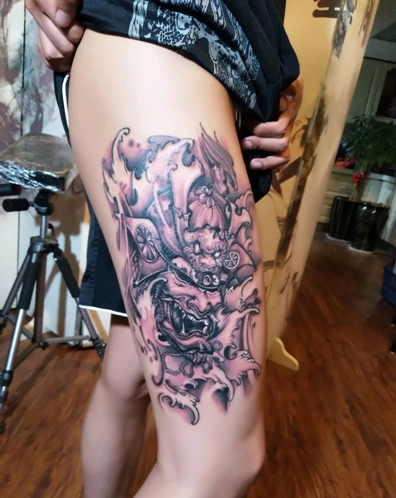 鬼武士完工了纹身图片_腿部传统鬼神昆明云南纹人墨刻成品纹身图案