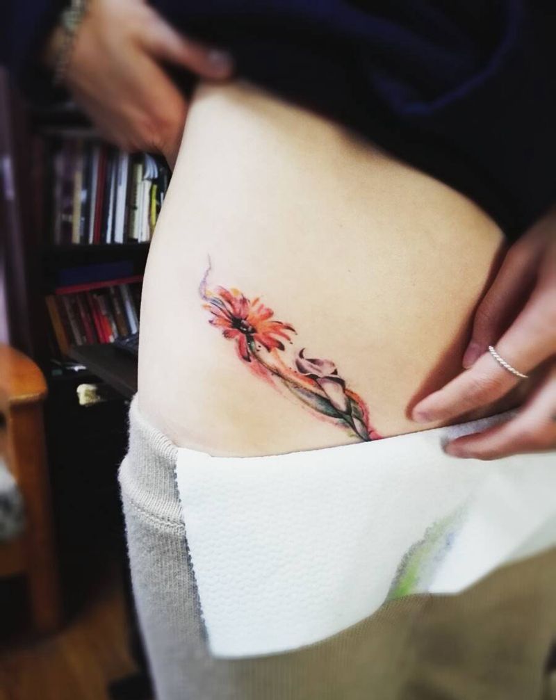 水彩纹身盖疤纹身图片_腹部清新植物原创成品纹身图案