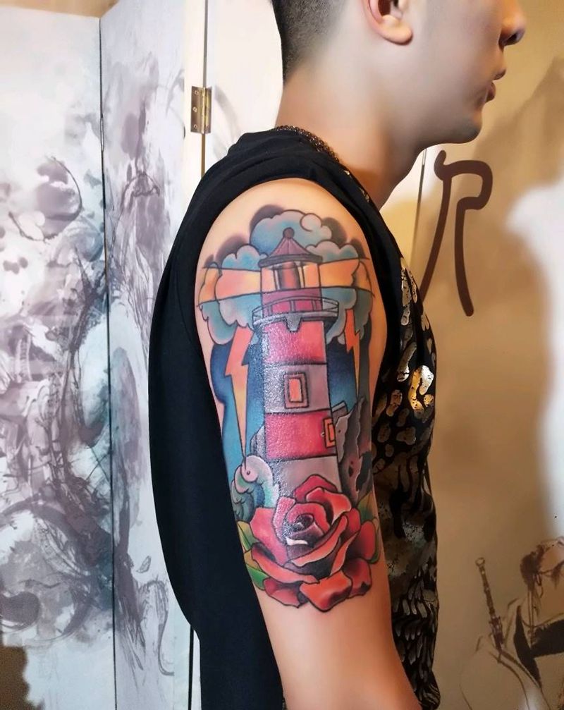灯塔纹身图片_手臂欧美静物昆明云南纹人墨刻成品纹身图案
