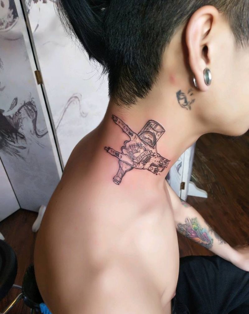 烟酒不离身纹身图片_颈部欧美昆明云南纹人墨刻成品纹身图案