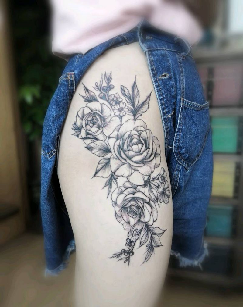 素花纹身图片_腿部欧美植物原创成品纹身图案