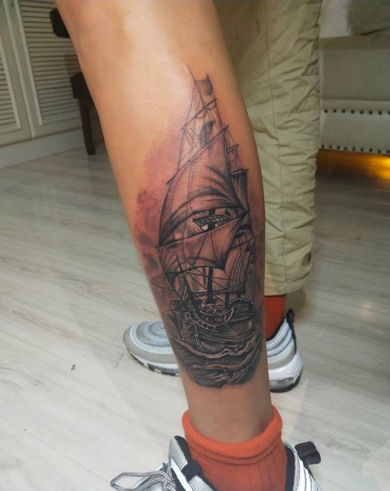 船纹身图片_腿部欧美写实纹身图案