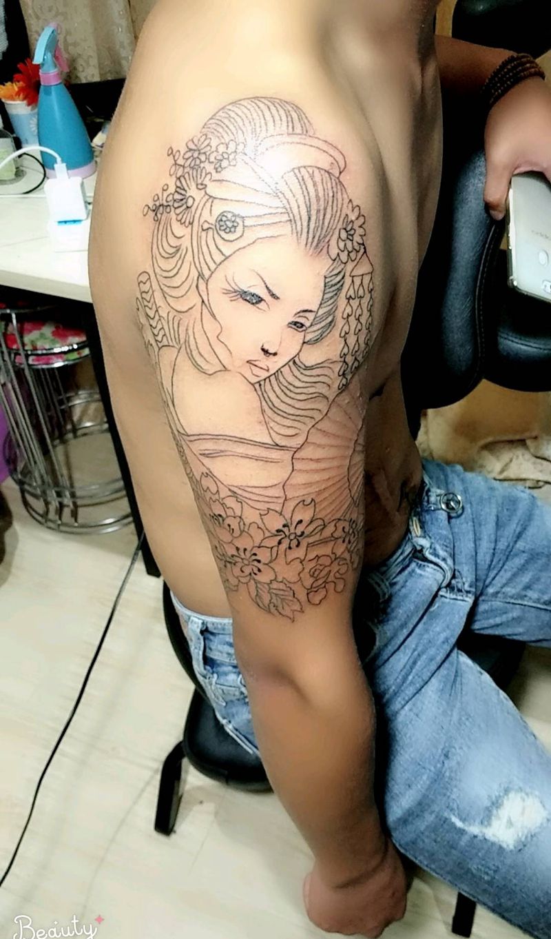 艺妓 线条纹身图片_手臂新传统纹身图案