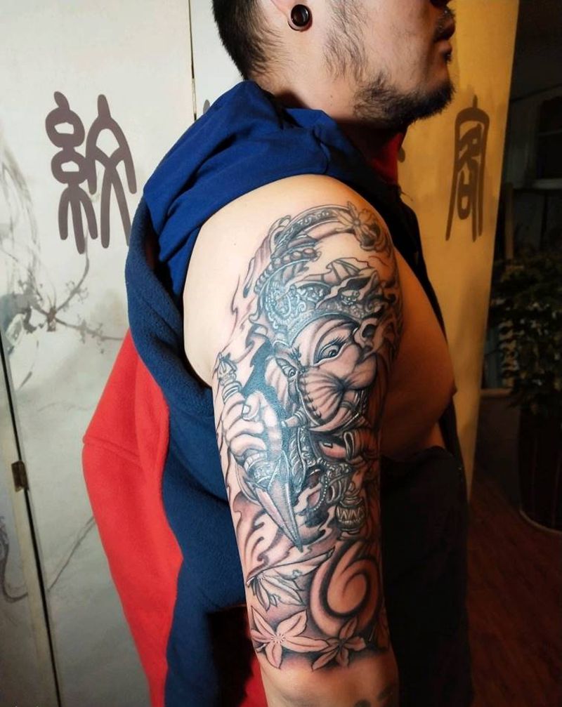 象神纹身图片_手臂新传统纹身图案