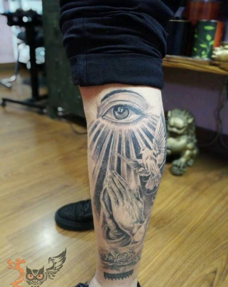 祈祷纹身图片_腿部欧美宗教纹身图案