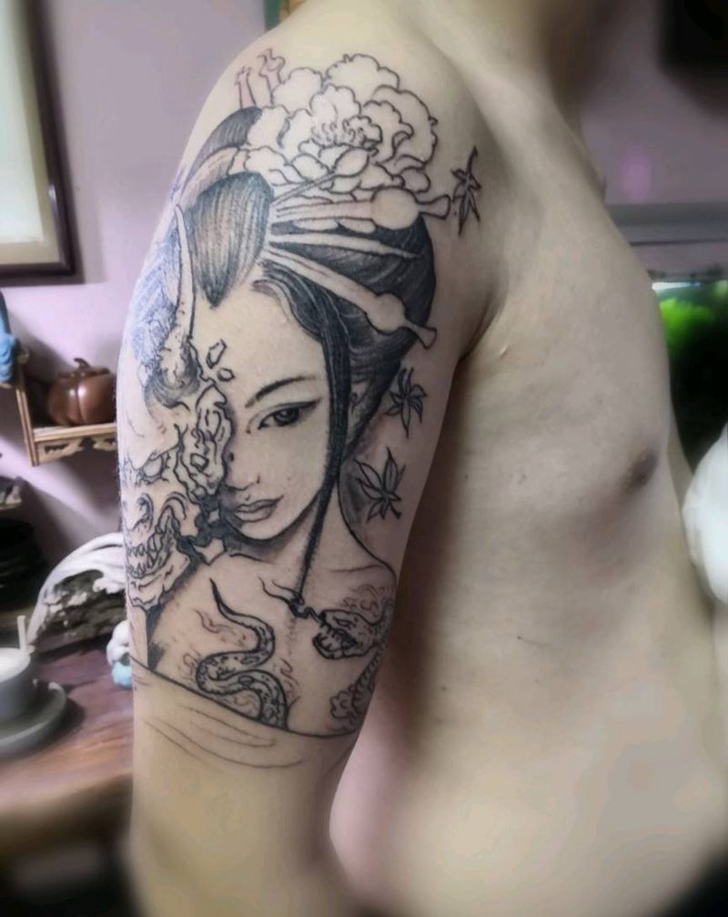 艺伎般若纹身图片_肩部新传统纹身图案