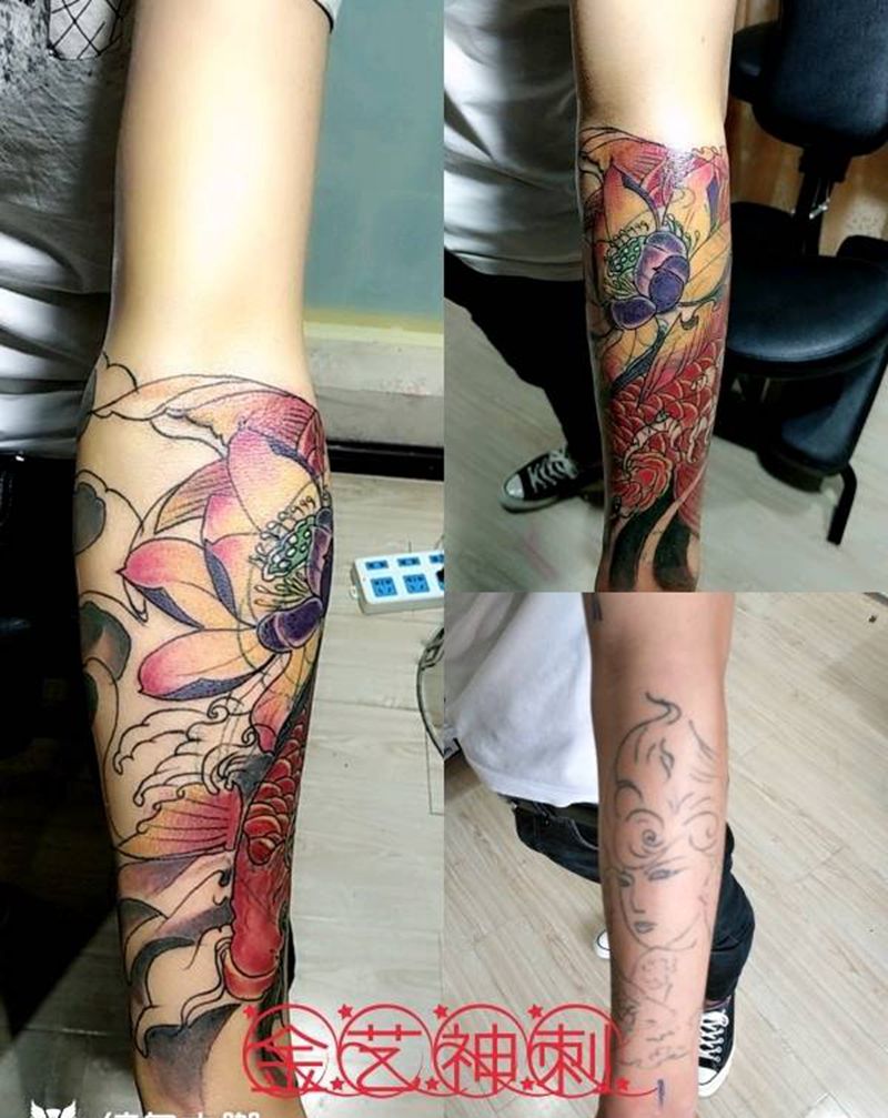 小臂 鲤鱼 遮盖 旧纹身纹身图片_手臂传统动物成品纹身图案