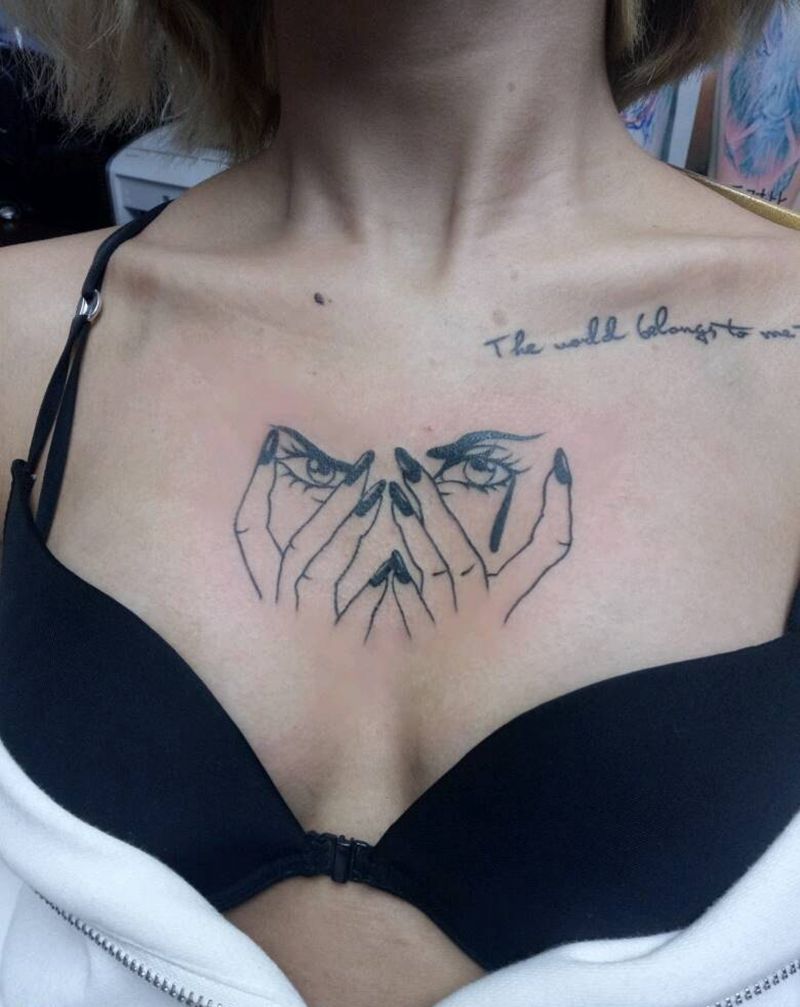 人脸纹身图片_胸部欧美清新几何人物成品纹身图案