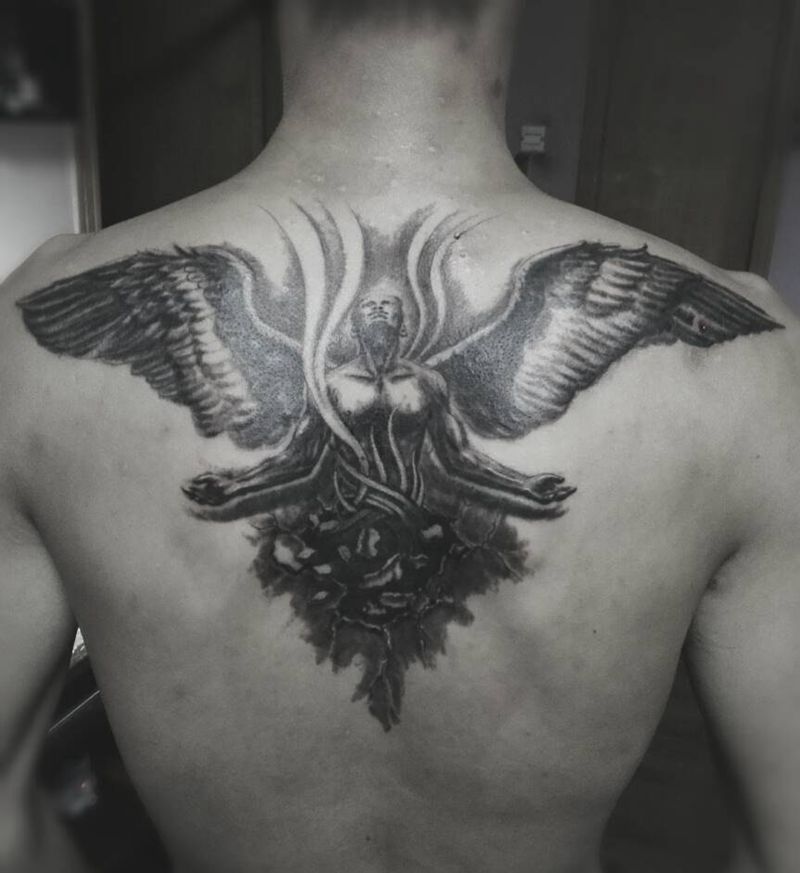 守护天使纹身图片_背部欧美鬼神成品纹身图案