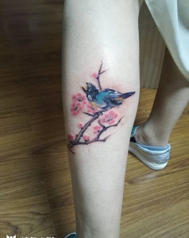 喜上眉梢纹身图片_腿部国画原创成品纹身图案