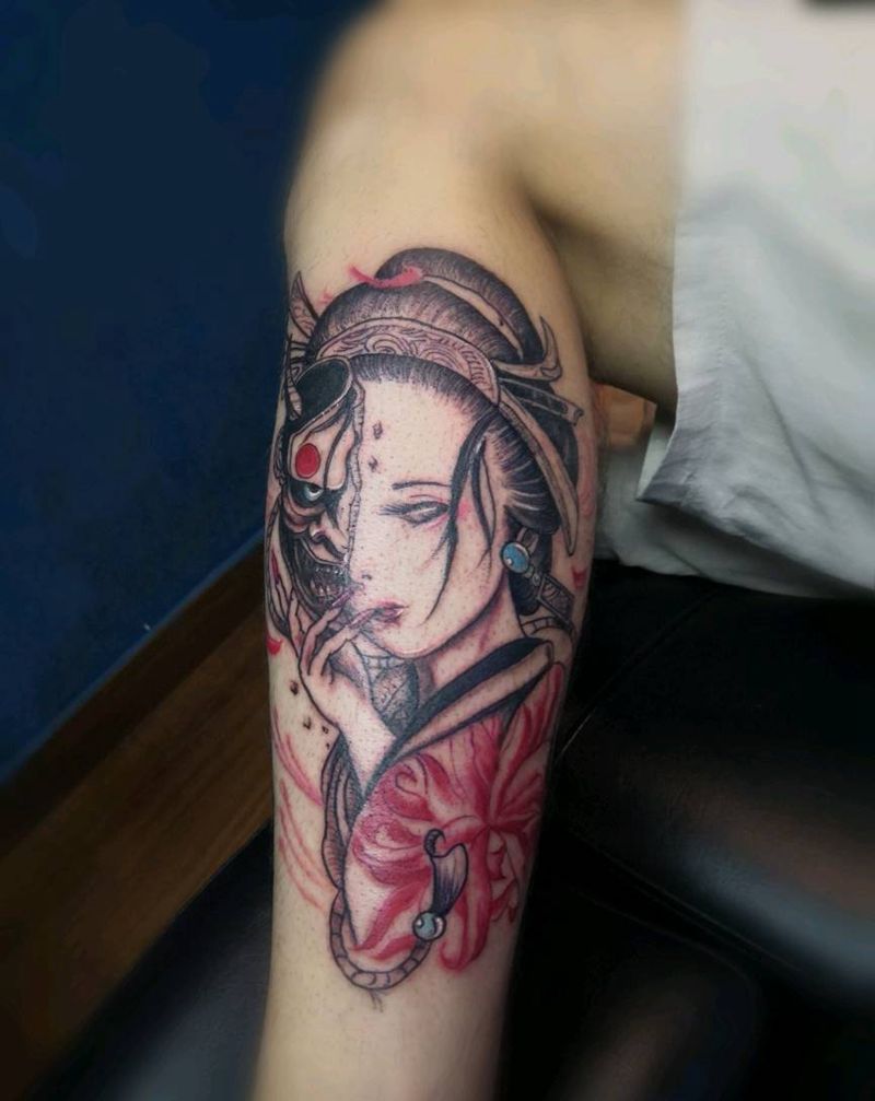 艺伎般若纹身图片_腿部新传统纹身图案