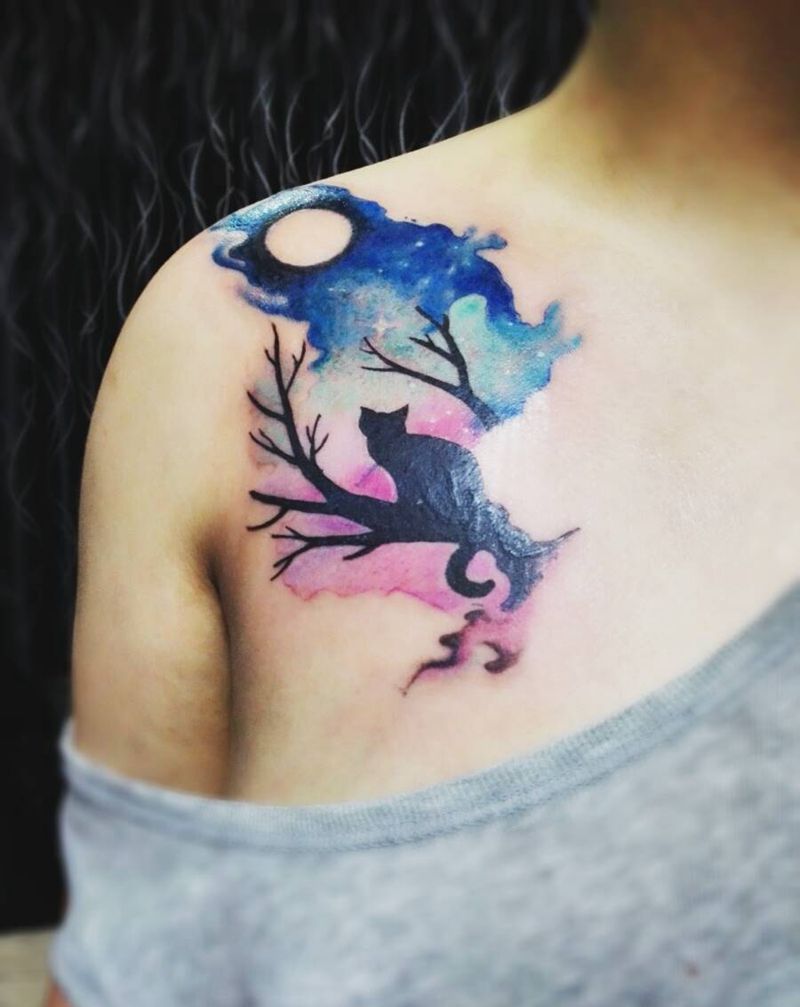 彩墨遮盖纹身图片_胸部欧美动物植物原创成品纹身图案