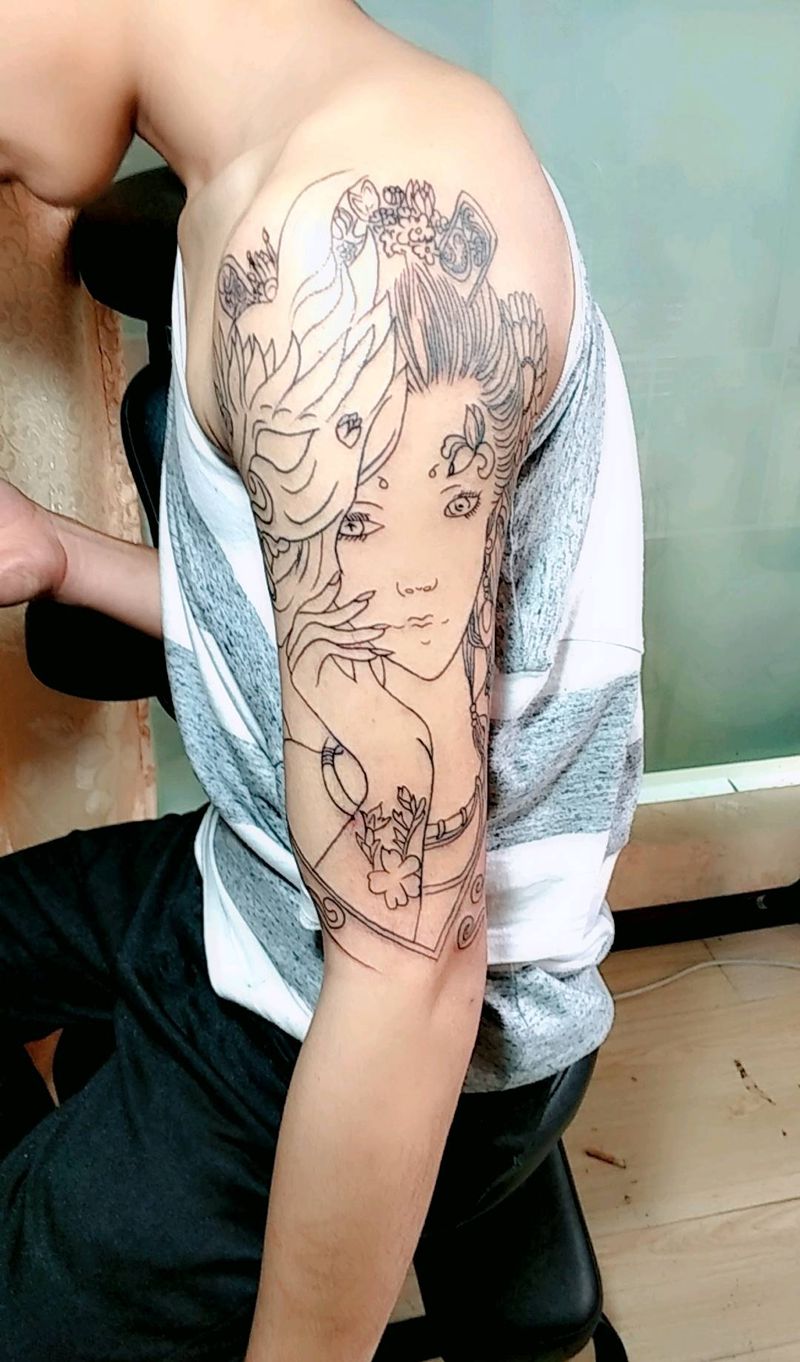 艺妓 班若 线条完成纹身图片_手臂传统动物人物成品纹身图案