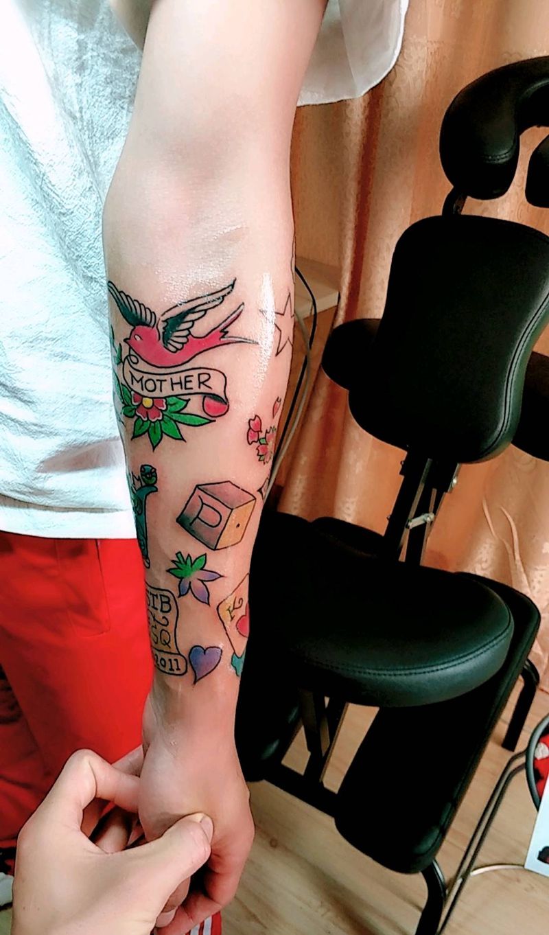 欧美 小图 组合 花臂纹身图片_手臂欧美动物人物植物原创纹身图案