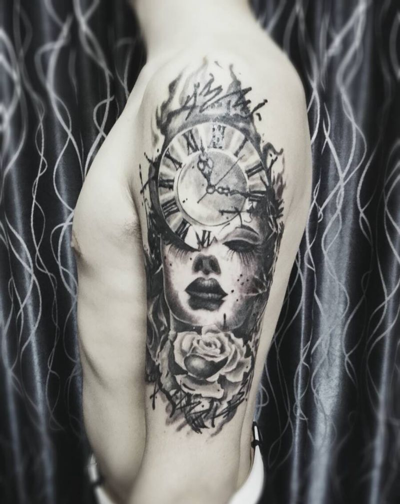 红粉佳人纹身图片_手臂欧美人物原创成品纹身图案