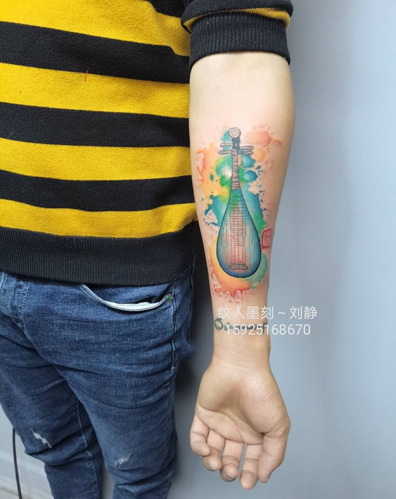 琵琶纹身图片_手臂手部水彩新传统原创设计纹身图案