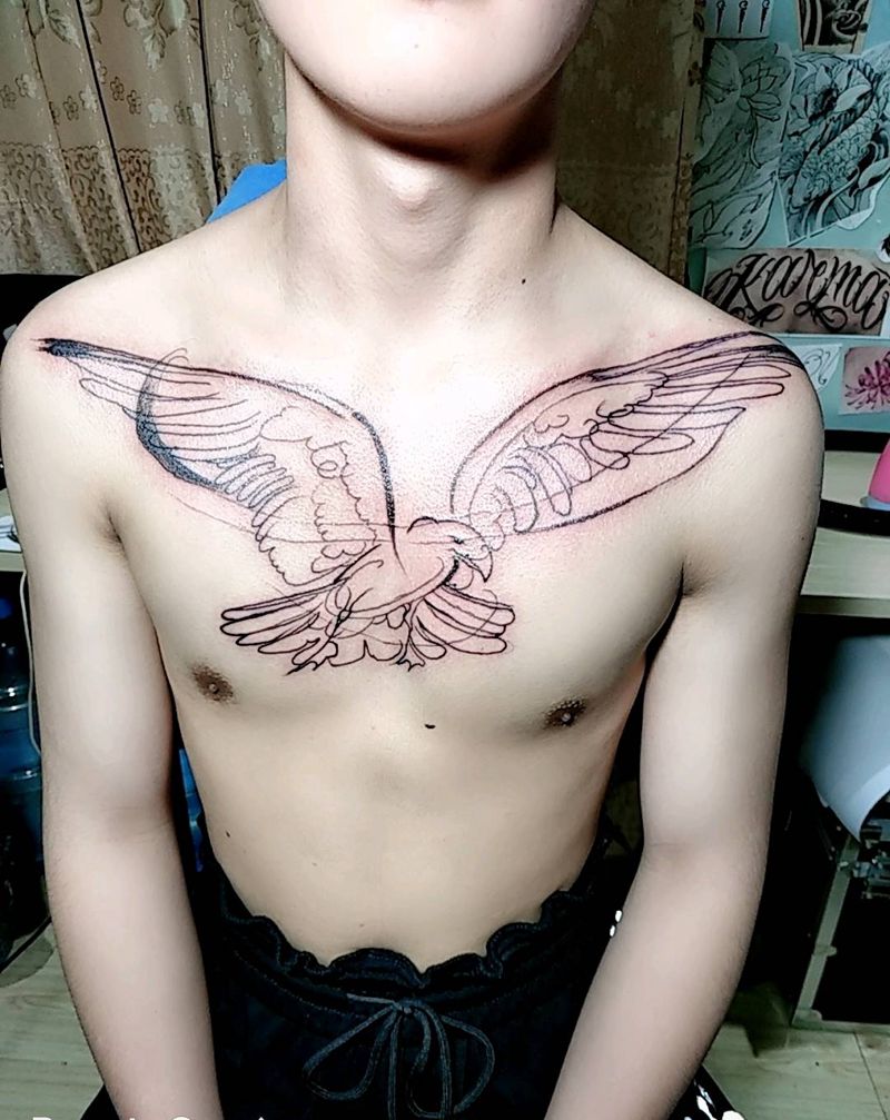 线条纹身图片_胸部点刺纹身图案