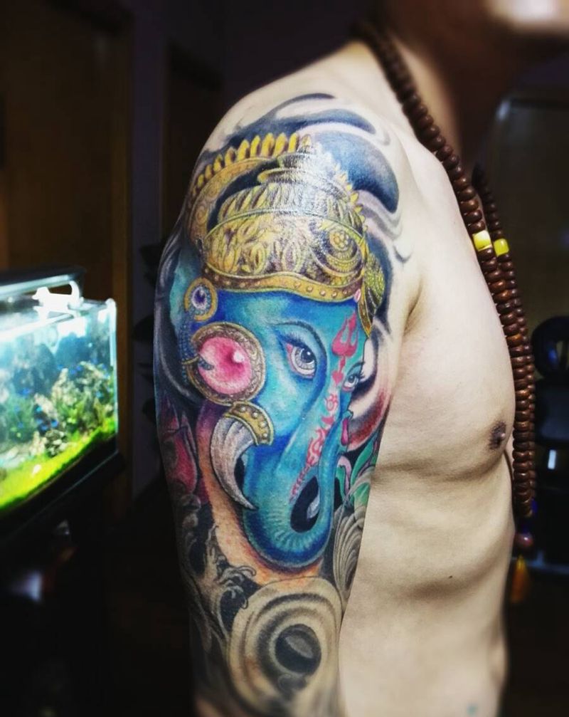 象财神花臂纹身图片_手臂传统原创成品纹身图案