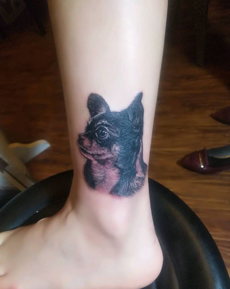 写实小狗纹身图片_腿部写实动物昆明云南纹人墨刻修改遮盖成品纹身图案