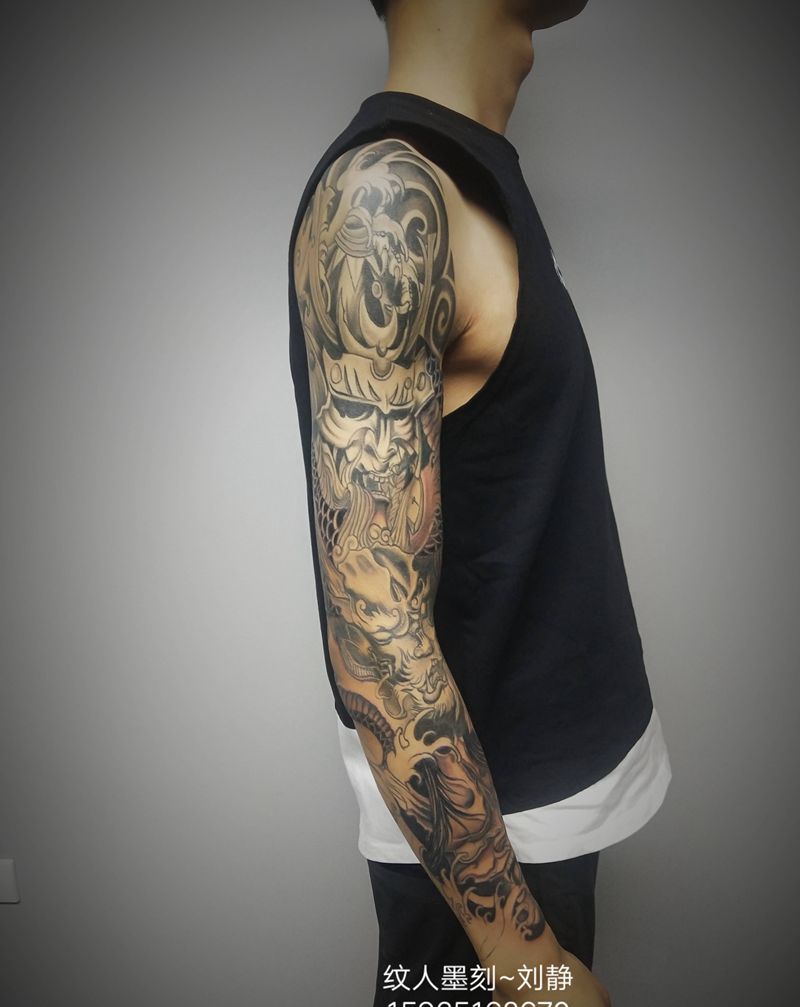 鬼武士，班若花臂纹身图片_手臂新传统纹身图案