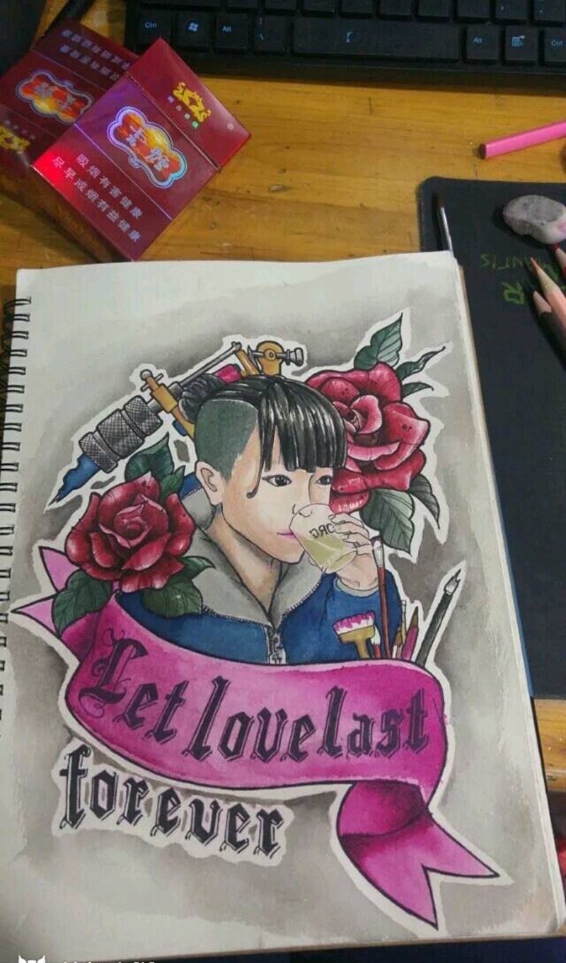 给自己设计了个手稿纹身图片_手部欧美肖像人物原创手稿纹身图案