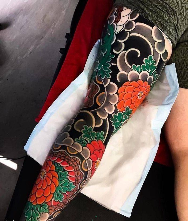 艺海刺青纹身纹身图片_腿部老传统纹身图案