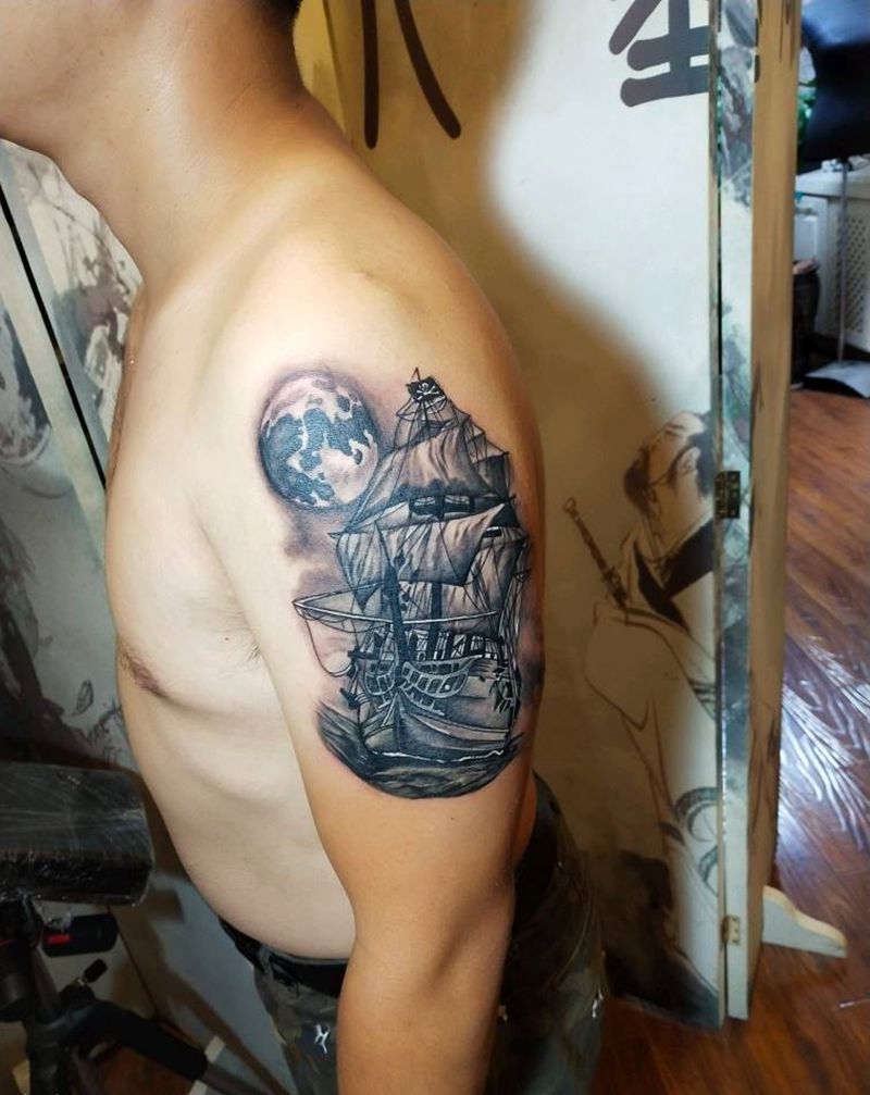 帆船纹身图片_手臂欧美写实帆船写实纹身图案