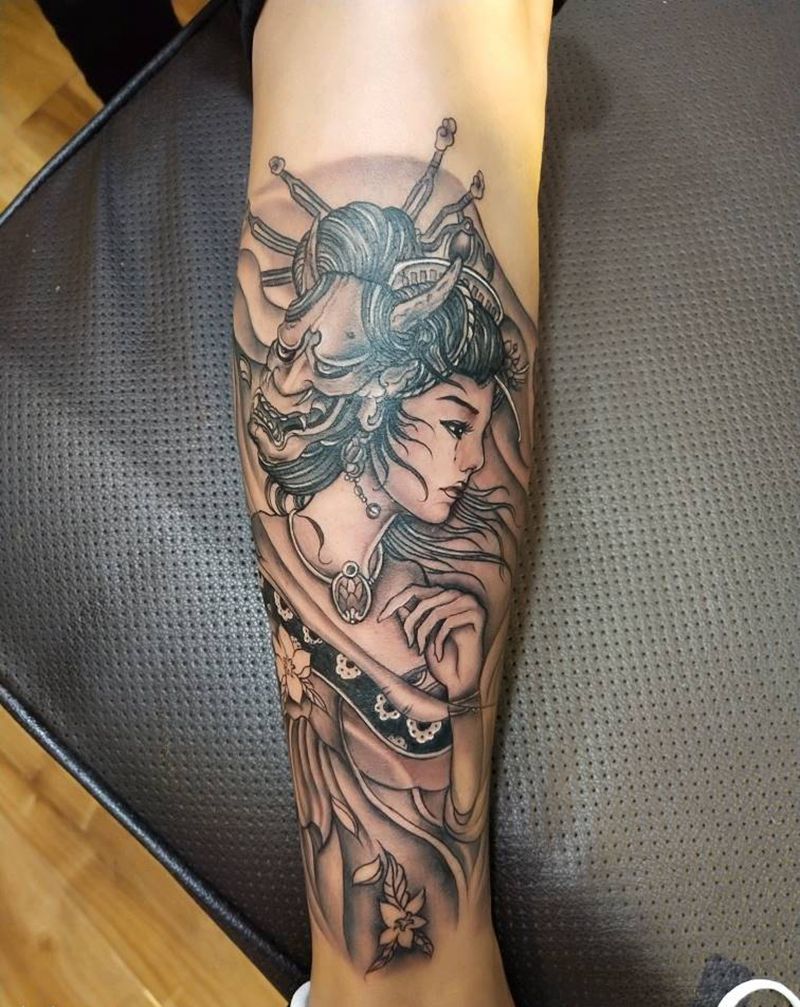 流泪艺伎纹身图片_腿部新传统纹身图案