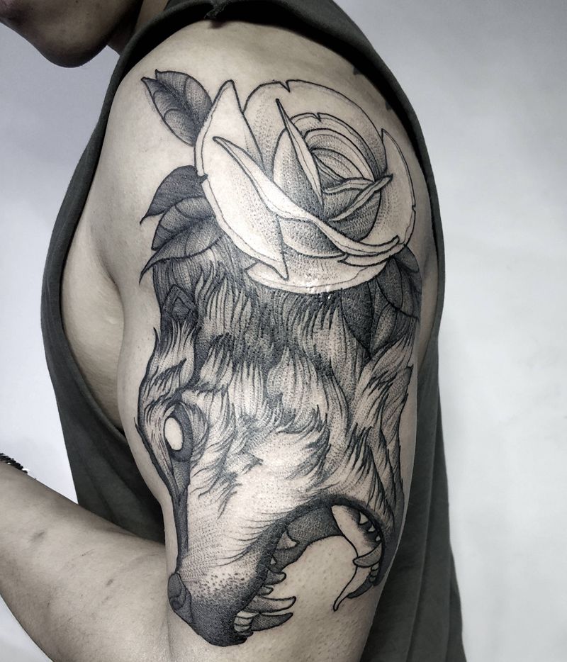 玫瑰狼头纹身图片_暗黑纹身图案