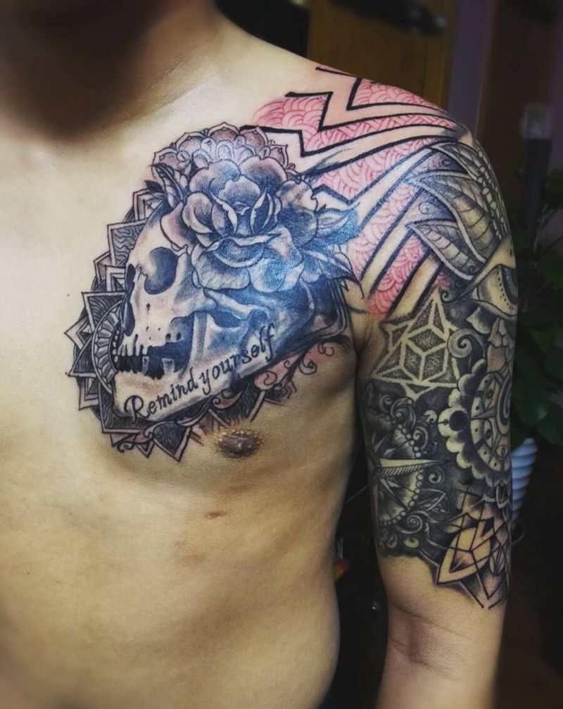 梵花半甲纹身图片_胸部手臂欧美原创成品纹身图案