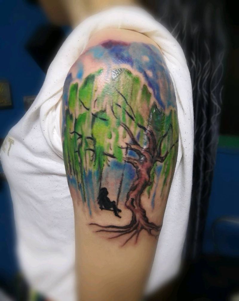 荡秋千的少女纹身图片_手臂清新人物植物原创成品纹身图案