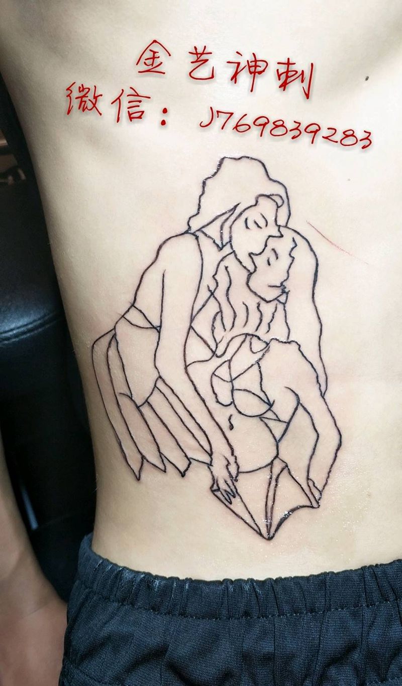 流氓线条纹身图片_腹部清新人物情侣成品纹身图案