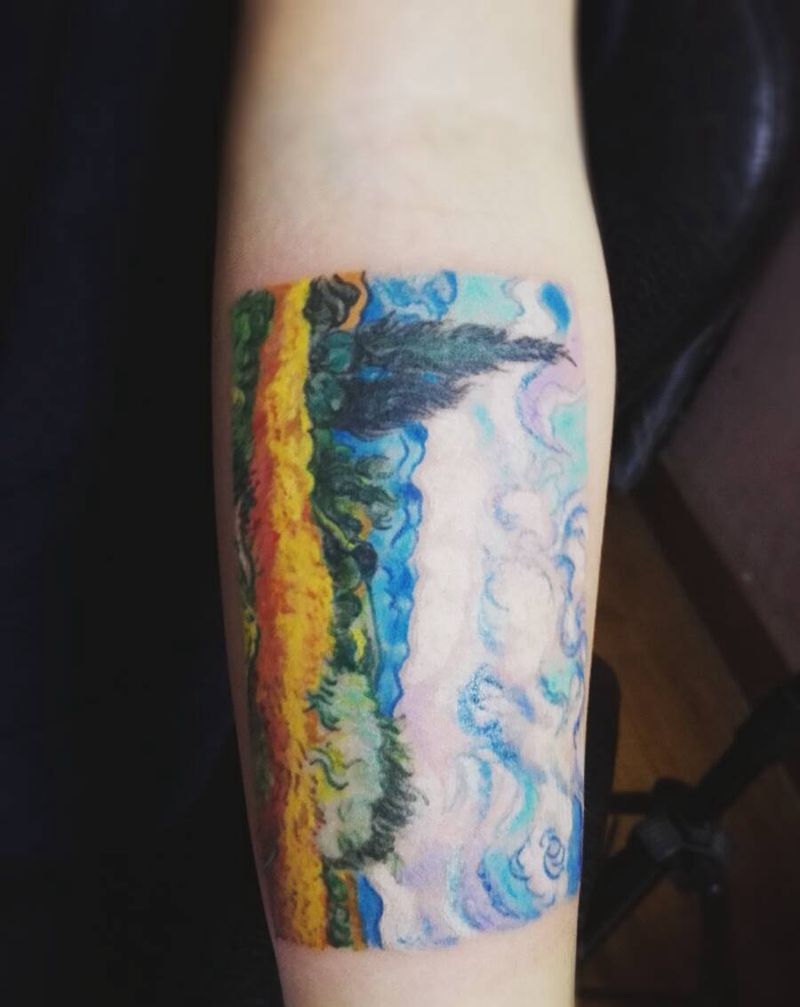 麦田中的丝柏树纹身图片_手臂欧美成品纹身图案