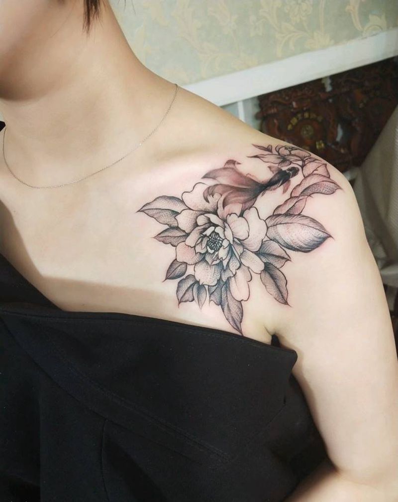 肩花纹身图片_肩部点刺水墨纹身图案