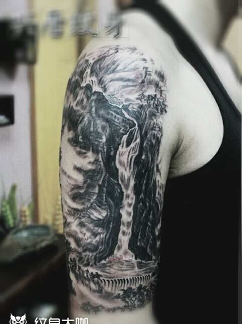 山水画纹身图片_手臂国画原创成品纹身图案