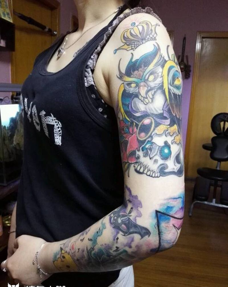 New school 美女花臂纹身图片_手臂欧美动物原创成品纹身图案