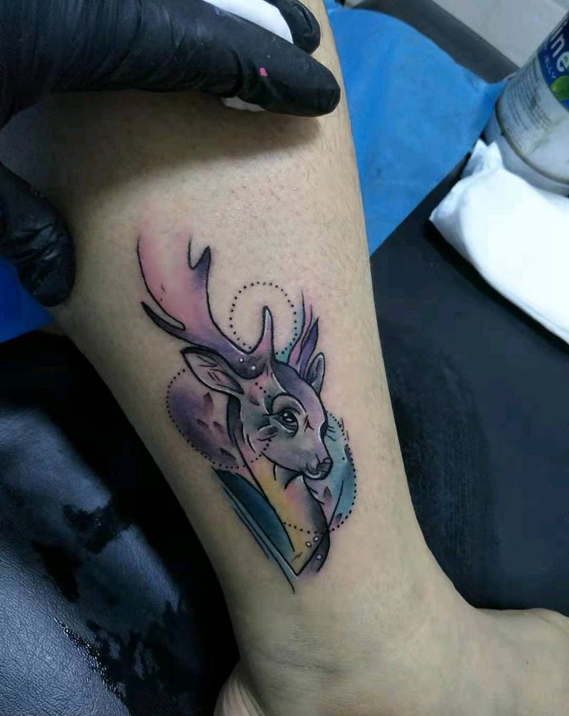 小鹿纹身图片_水彩纹身图案